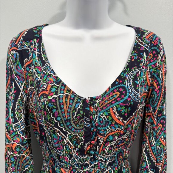 Maeve Anthropologie Boho Paisley Dress Flowy Long Sleeve Navy/Multicolor Size S - Picture 3 of 15